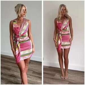 ZARA Printed Patchwork Tie Dress Pink/Green/Ecru 3253/221 Medium Satin Scarf
